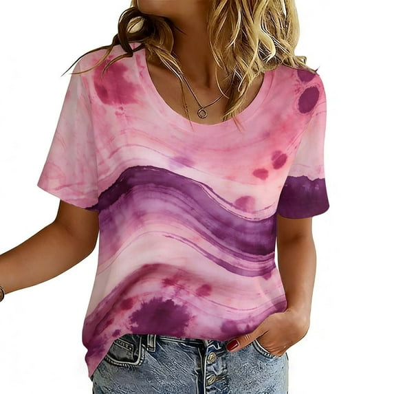 Uootdi Womens Tie Dye Short Sleeve T Shirts Casual Round Neck Tops Trendy Basic Tees Everyday Wear Boho Summer Vacation Outfits Gift