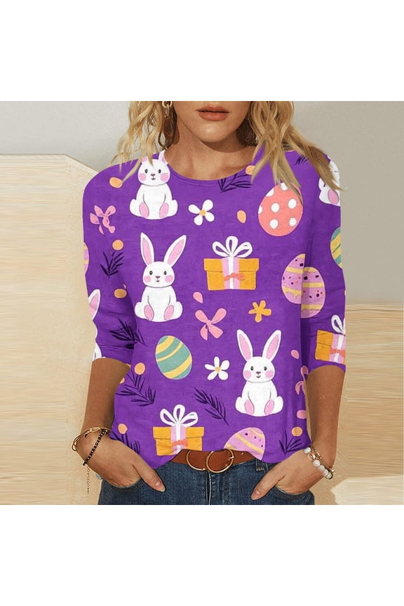 Womens Tops 3/4 Sleeve Crewneck Easter Print Spring Holiday Gatherings Casual Tees Blouses Tunics Gift