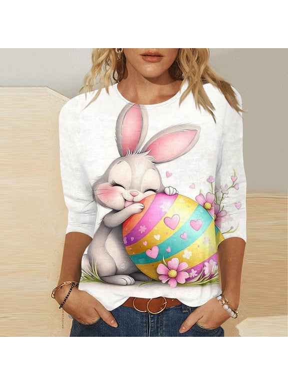 Womens Tops 3/4 Sleeve Crewneck Easter Print Spring Holiday Gatherings Casual Tees Blouses Tunics Gift