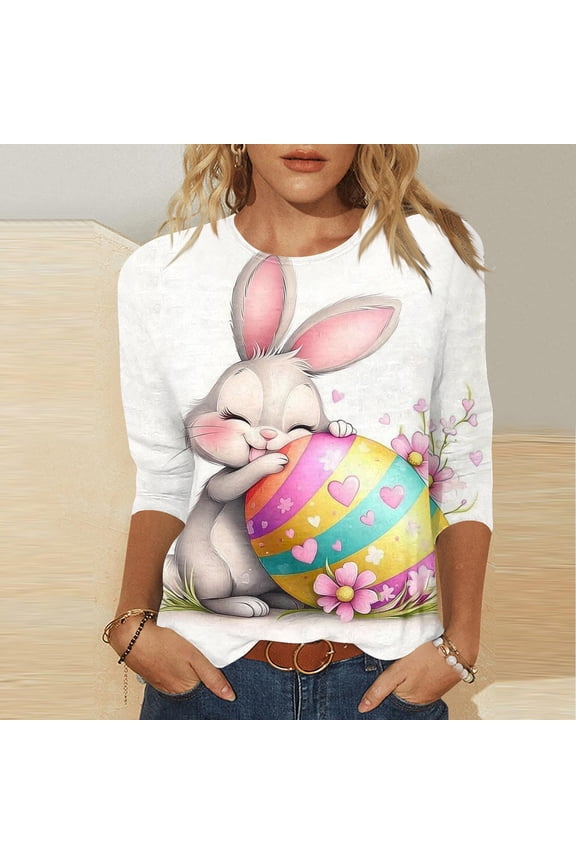 Womens Tops 3/4 Sleeve Crewneck Easter Print Spring Holiday Gatherings Casual Tees Blouses Tunics Gift