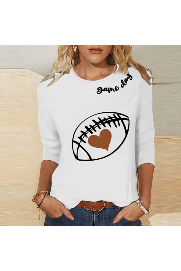 Womens Tops 3/4 Sleeve Crewneck Game Day Football Heart Print Game Days Tailgates Outdoor Parties Tees Blouses Pullovers Gift