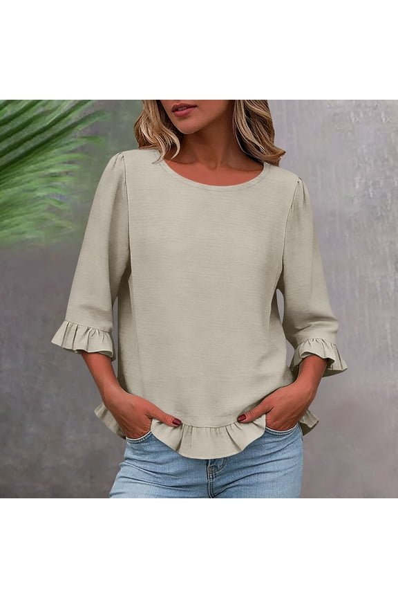 Womens Tops 3/4 Sleeve Round Neck Ruffle Cuffs Ruffle Hem Loose Fit Casual Daily Weekend Brunch Soft Blouses Gift