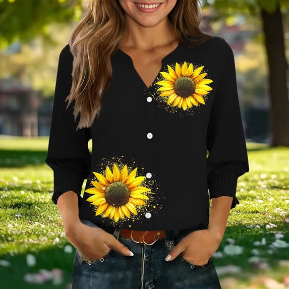 Uootdi Womens Tops 3/4 Sleeve V Neck Button Front Polka Dot Print Ruched Cuffs Casual Daily Weekend Brunch Soft Blouses Gift