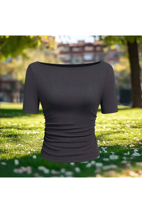 Womens Tops Boat Neck Ruched Slim Fit Short Sleeves Rib Knit Soft Comfy Casual Daily Going Out Shirts Gift