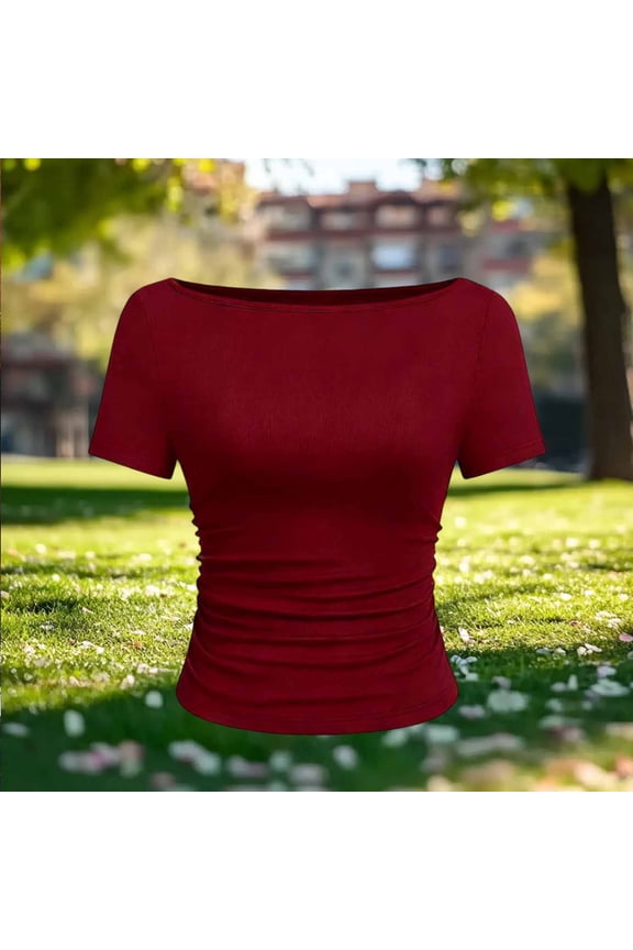 Womens Tops Boat Neck Ruched Slim Fit Short Sleeves Rib Knit Soft Comfy Casual Daily Going Out Shirts Gift