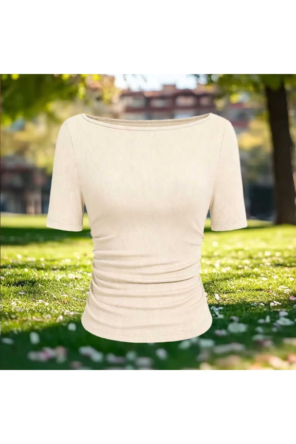 Womens Tops Boat Neck Ruched Slim Fit Short Sleeves Rib Knit Soft Comfy Casual Daily Going Out Shirts Gift