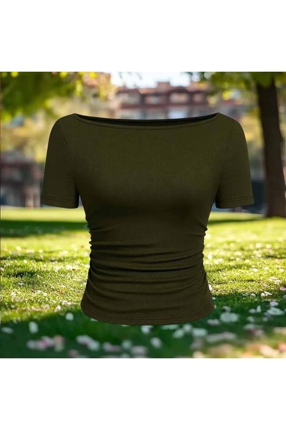 Womens Tops Boat Neck Ruched Slim Fit Short Sleeves Rib Knit Soft Comfy Casual Daily Going Out Shirts Gift