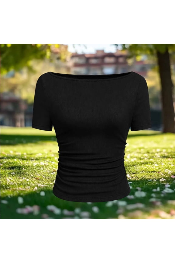 Womens Tops Boat Neck Ruched Slim Fit Short Sleeves Rib Knit Soft Comfy Casual Daily Going Out Shirts Gift