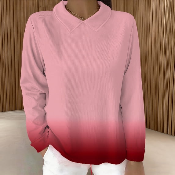 Uootdi Womens Tops Colorblock Collared Ribbed Long Sleeve Shirts Relaxed Fit Trendy Casual Everyday Vacation Outfits Gift