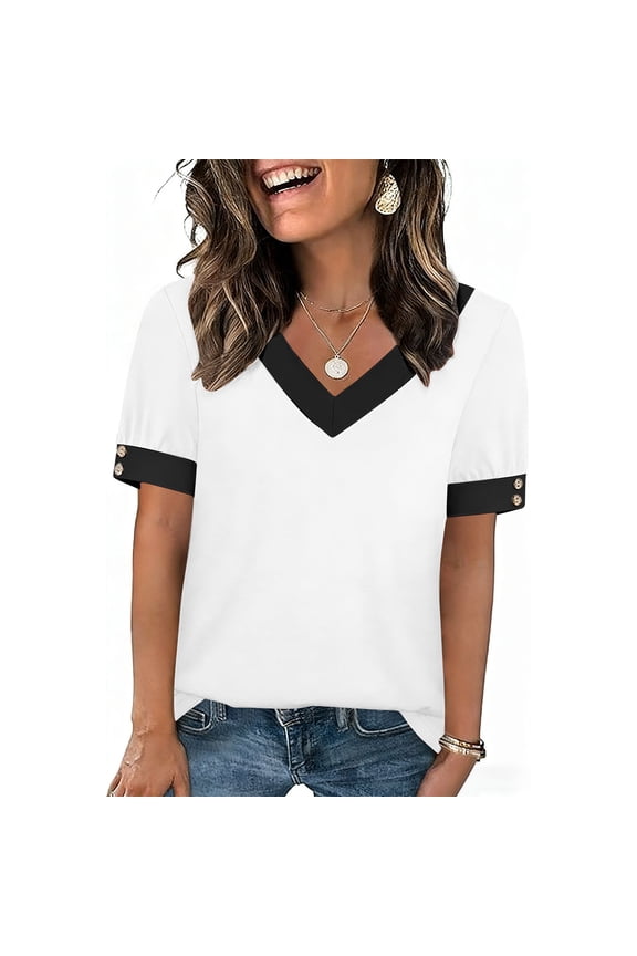 Womens Tops Contrast V Neck Short Sleeve Blouse White Trim Button Cuff Soft Fabric Relaxed Fit Daily Dressy Casual Fashion Blouses Gift