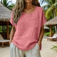 thumbnail image 1 of Uootdi Womens Tops Crew Neck Chest Pocket Loose Fit Cotton Linen Short Sleeve Breathable Blouses Casual Versatile Tees Daily Wear Gift, 1 of 6
