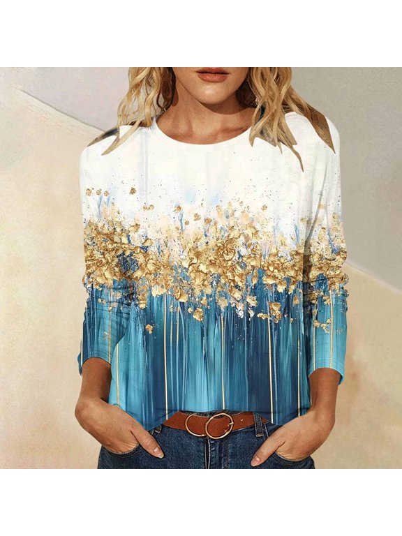 Womens Tops Crew Neck Long Sleeve Glitter Golden Floral Drip Gradient Graphic Long Sleeve Tee for Women Oversized Glam Resort Womens Tees