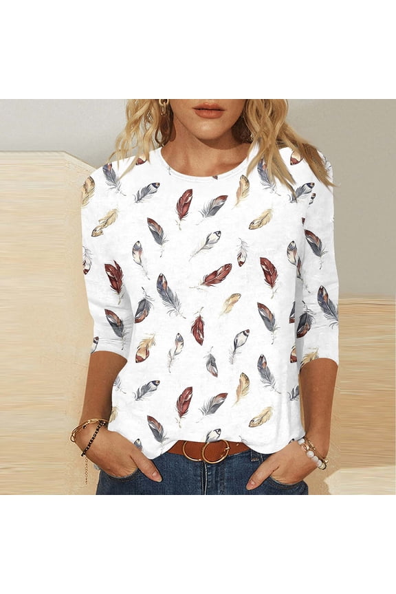 Womens Tops Crew Neck Soft Blouses Boho Print with Floral 3/4 Sleeves Slim Fit Stretchy Casual Party Tops Gift