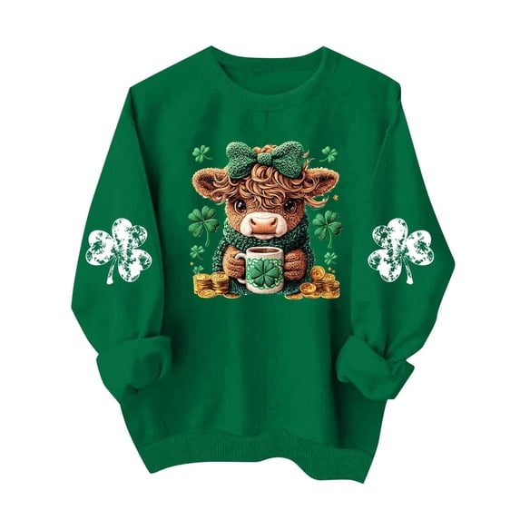 Uootdi Womens Tops Crewneck St Patrick's Day Gnome Print Holiday Celebrations Casual Loose Fit Outings Sweatshirts Gift