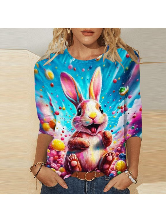 Womens Tops Easter 3/4 Sleeve Crewneck Bunny Graphic Print Loose Fit Weekend Outings Casual Wear Tops Gift