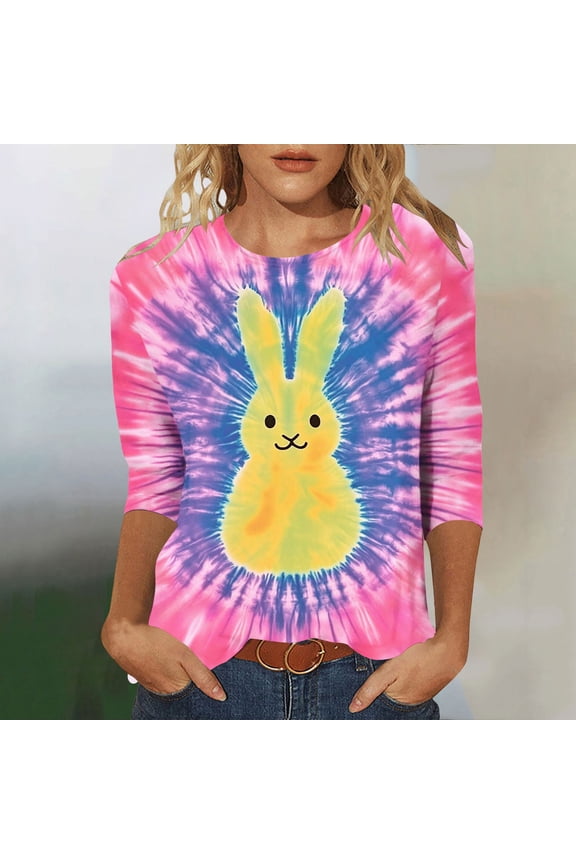 Womens Tops Easter Long Sleeve Crewneck Tie Dye Bunny Print Loose Fit Weekend Outings Casual Wear Tops Gift