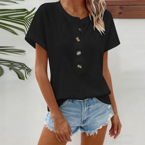 Uootdi Womens Tops Half Button Placket Short Sleeve Relaxed Fit Soft Fabric Casual Everyday Wear Office Looks Gift