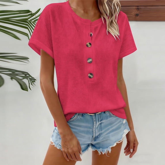 Uootdi Womens Tops Half Button Placket Short Sleeve Relaxed Fit Soft Fabric Casual Everyday Wear Office Looks Gift