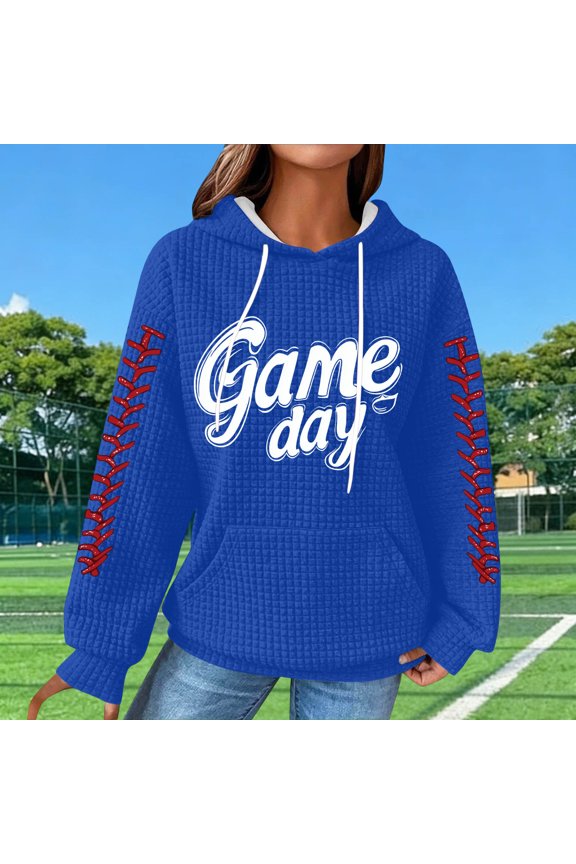 Womens Tops Hooded Waffle Knit Football Mama Print Long Sleeve Shirts Game Days Tailgates Casual Hoodies Sweatshirts Gift