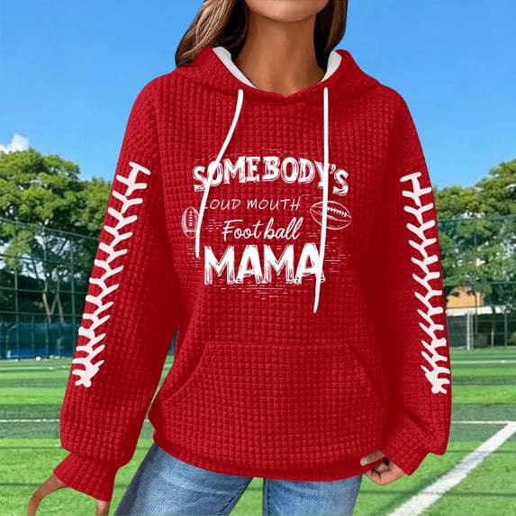 Uootdi Womens Tops Hooded Waffle Knit Football Mama Print Long Sleeve Shirts Game Days Tailgates Casual Hoodies Sweatshirts Gift