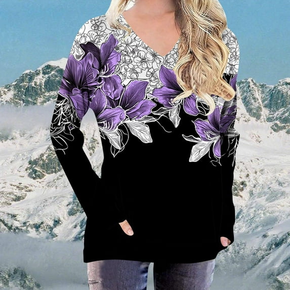 Uootdi Womens Tops Raglan Long Sleeve Shirts Striped Color Block Floral Printed Tops V Gift Neck Fall Blouses Dressy Casual Loose