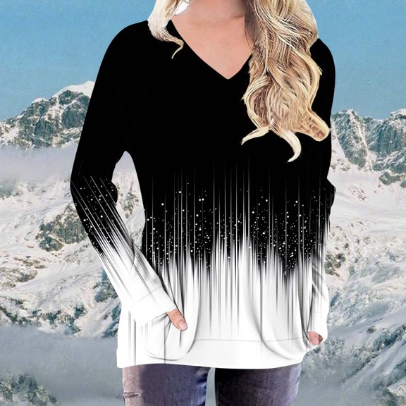 Uootdi Womens Tops Raglan Long Sleeve Shirts Striped Color Block Floral Printed Tops V Gift Neck Fall Blouses Dressy Casual Loose