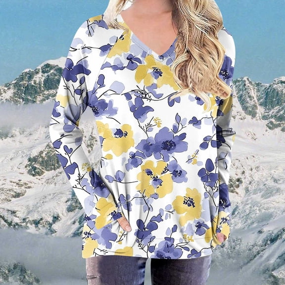 Uootdi Womens Tops Raglan Long Sleeve Shirts Striped Color Block Floral Printed Tops V Gift Neck Fall Blouses Dressy Casual Loose