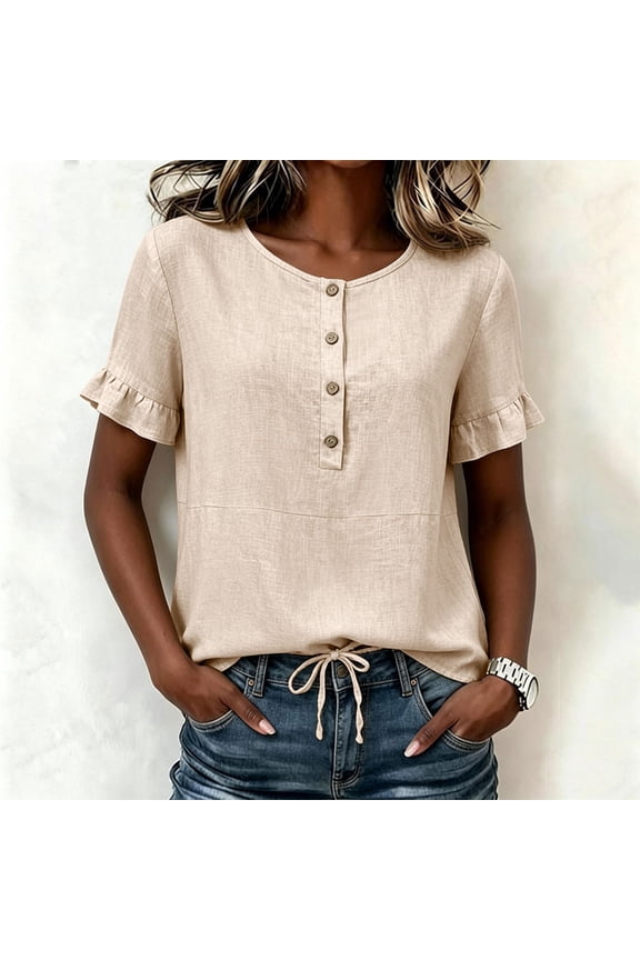 Womens Tops Round Neck Short Sleeve Drawstring Button Front Ruffle Edge Womens Blouses Relaxed Fit Resort Vacation Adjustable Length Casual Shirts