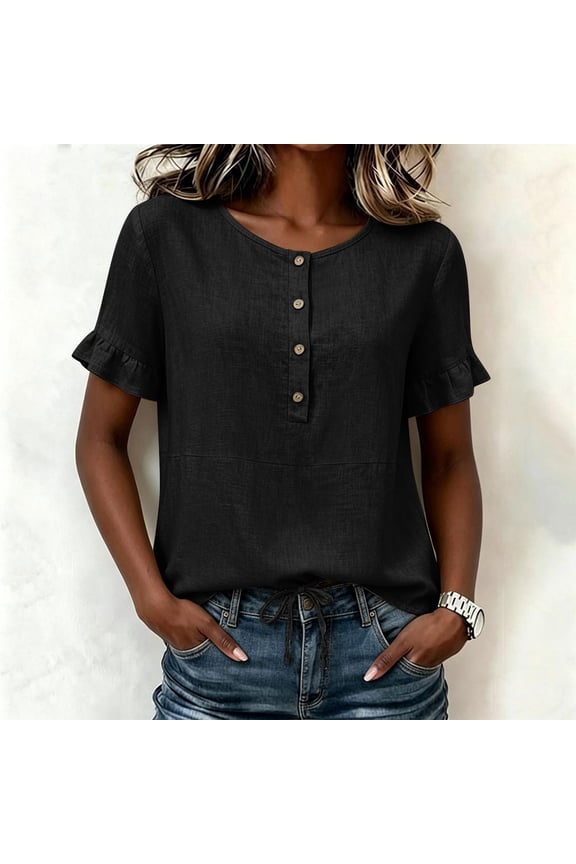 Womens Tops Round Neck Short Sleeve Drawstring Button Front Ruffle Edge Womens Blouses Relaxed Fit Resort Vacation Adjustable Length Casual Shirts