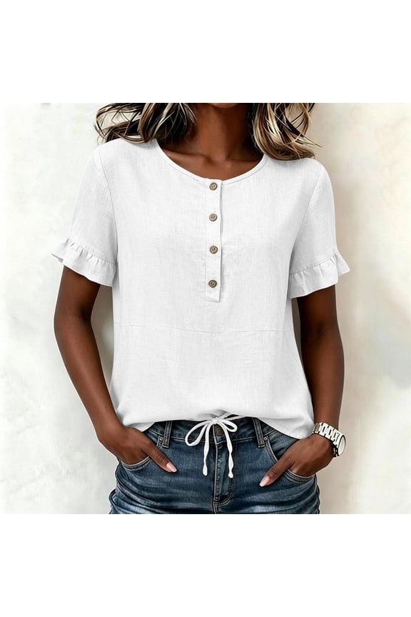 Womens Tops Round Neck Short Sleeve Drawstring Button Front Ruffle Edge Womens Blouses Relaxed Fit Resort Vacation Adjustable Length Casual Shirts