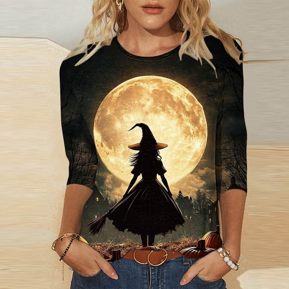 Uootdi Womens Tops Round Neck Three Quarter Witch Pumpkin Print Halloween Shirts for Women Loose Fit Magical Gothic Womens Tops