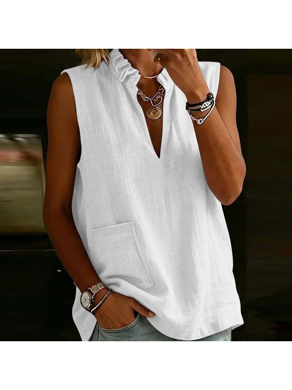 Womens Tops Ruffled Stand Collar Split V Neck Sleeveless Side Pocket Textured Fabric Womens Blouses Loose Fit Vacation Roomy Travel Shirts