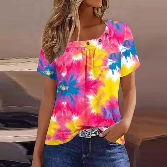Uootdi Womens Tops Short Sleeve Crewneck Polka Dot Floral Print Tees Button Decor Soft Comfy Summer Shirts Gift