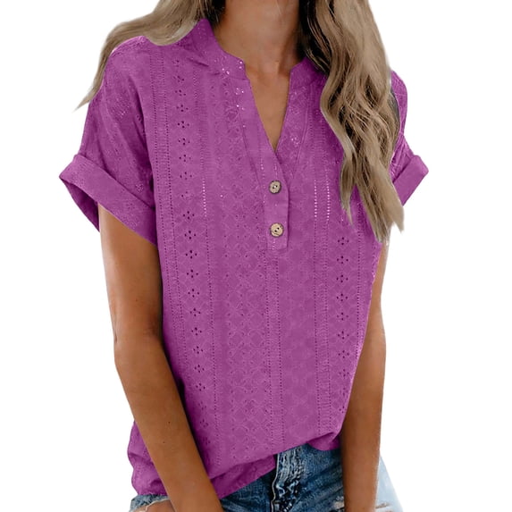 Uootdi Womens Tops Short Sleeve V Neck Button Placket Eyelet Texture Loose Fit Beach Stroll Summer Outings Lightweight Tees Gift