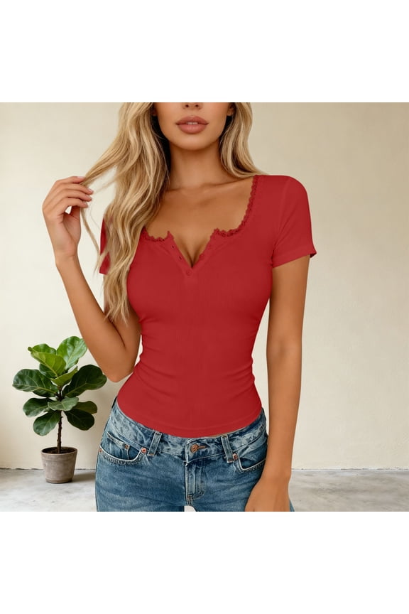 Womens Tops Short Sleeve V Neck Ruffled Trim Half Placket Slim Fit Rib Knit Soft Comfy Casual Daily Shirts Gift