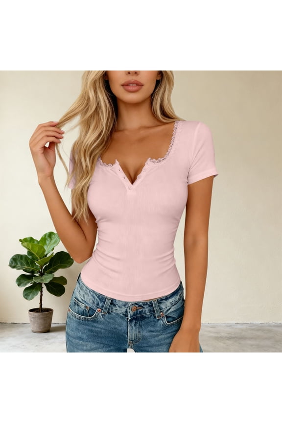 Womens Tops Short Sleeve V Neck Ruffled Trim Half Placket Slim Fit Rib Knit Soft Comfy Casual Daily Shirts Gift