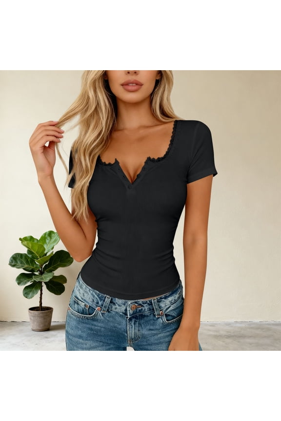 Womens Tops Short Sleeve V Neck Ruffled Trim Half Placket Slim Fit Rib Knit Soft Comfy Casual Daily Shirts Gift