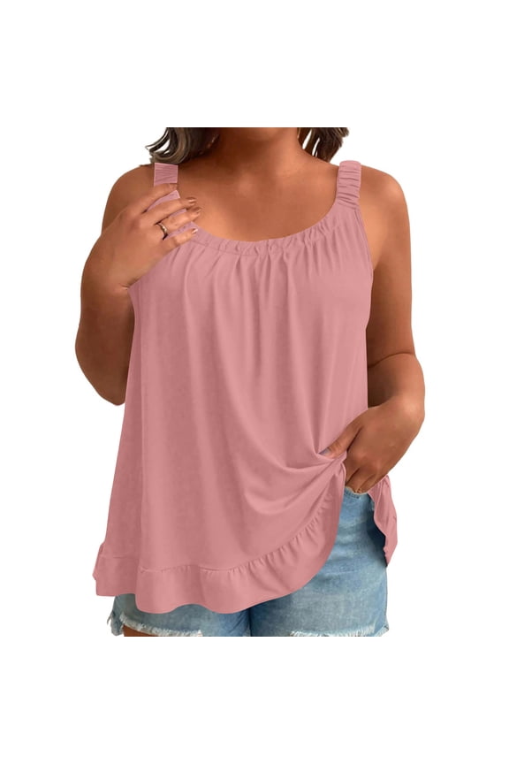 Womens Tops Sleeveless Spaghetti Strap Ruched Neckline Ruffle Hem Loose Fit Beach Stroll Summer Outings Lightweight Tees Gift