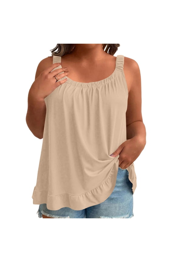 Womens Tops Sleeveless Spaghetti Strap Ruched Neckline Ruffle Hem Loose Fit Beach Stroll Summer Outings Lightweight Tees Gift