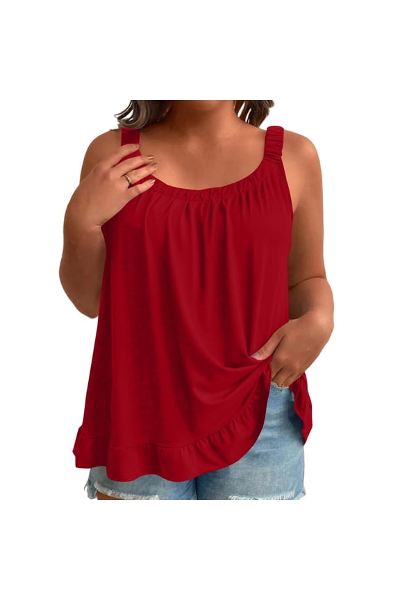 Womens Tops Sleeveless Spaghetti Strap Ruched Neckline Ruffle Hem Loose Fit Beach Stroll Summer Outings Lightweight Tees Gift