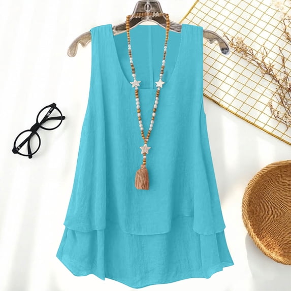 Uootdi Womens Tops Sleeveless V Neck Double Layer Hem Tank Tops Blouses Relaxed Fit Lightweight Summer Casual Tops Gift