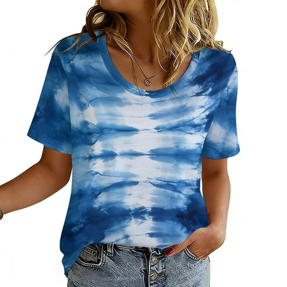 Uootdi Womens Tops Tie Dye Graphic Tees Round Neck Short Sleeve Shirts Casual Trendy Soft Breathable Everyday Wear Boho Summer Outfits Gift