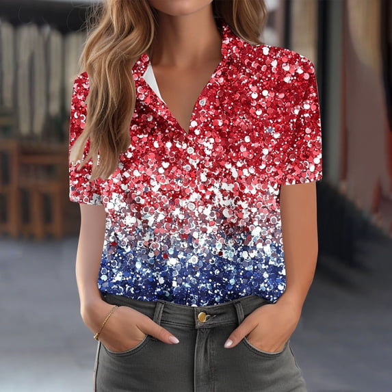 Uootdi Womens Tops USA Flag Grunge Pattern Short Sleeve Button Front Relaxed Fit Lightweight Comfy Shirts Independence Day Street Style Patriotic Wear Gift