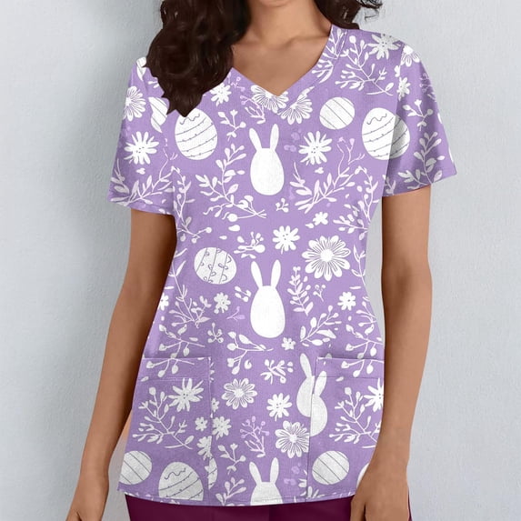 Uootdi Womens Tops V Neck Easter Egg Print Short Sleeve Shirts Medical Work Spring Shifts Scrubs Tops Blouses Clothes Gift