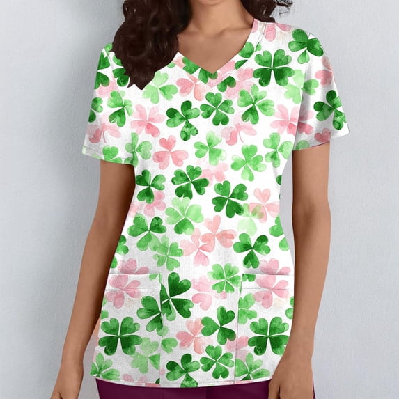 Uootdi Womens Tops V Neck St Patrick's Day Print Short Sleeve Shirts Medical Work Spring Shifts Scrubs Tops Blouses Clothes Gift
