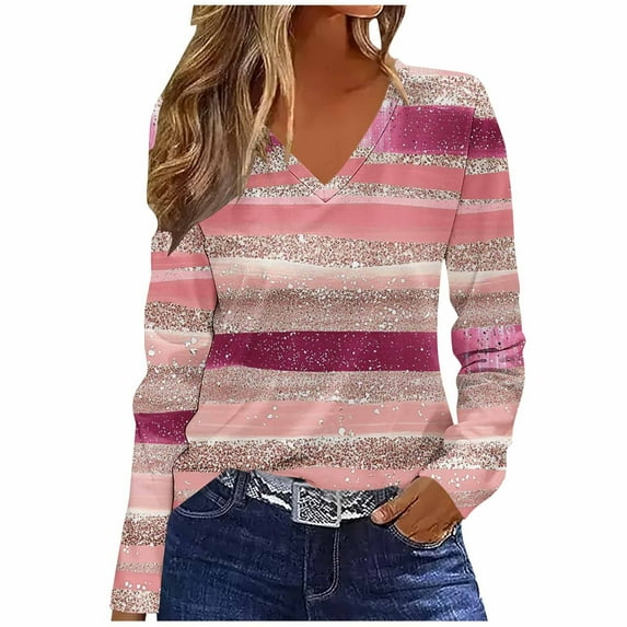 Uootdi Womens Tops V Neck Vintage Long Sleeve T Shirts for Women Gift Floral Printed Striped Tunic Tops Fall Casual Loose