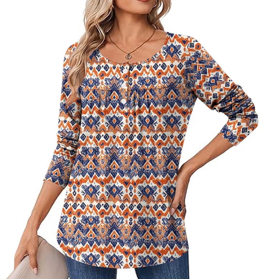 Uootdi Womens Tops Women's Long Sleeve Shirts Button Down Trendy Flower Graphic Pleated Gift Shirts Casual Dressy Tunic Tees Fal l