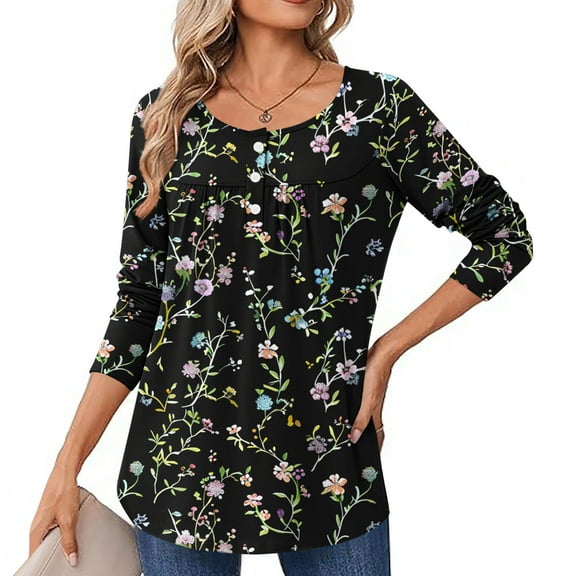 Uootdi Womens Tops Women's Long Sleeve Shirts Button Down Trendy Flower Graphic Pleated Gift Shirts Casual Dressy Tunic Tees Fal l