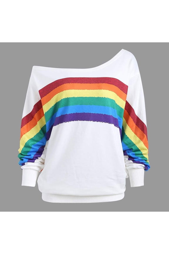 Womens Tops Women's Rainbow Print Off The Shoulder Long Lantern Sleeve Sweatshirt Colorful Striped Color Block Pull over Gift Tops Casual