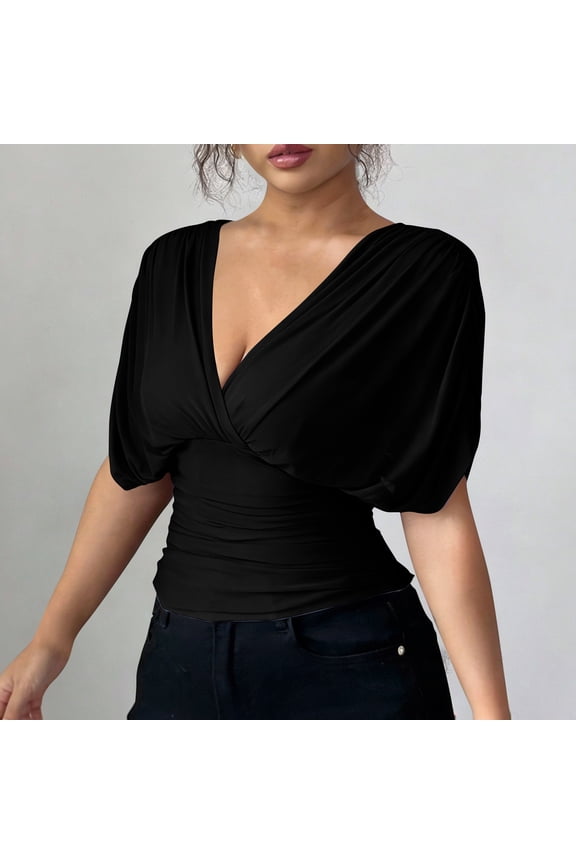 Womens Tops Wrap V Neck Batwing Sleeve Blouses Cinched Waist Fitted Soft Cozy Everyday Tops Gift